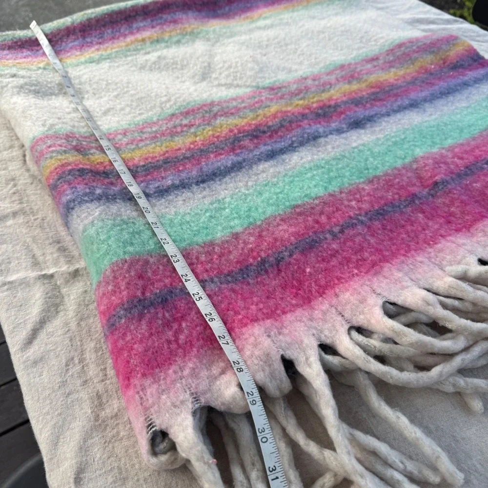 Free People Oversized Scarf Rainbow Stripe Pink Blue Boho Fringe Blanket Wrap